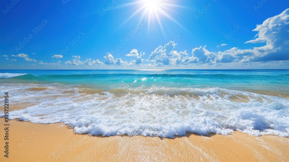 Clear beach waves under a bright sun, gentle foam and reflections creating a serene scene Clear beach waves under a bright sun, gentle foam and reflections creating a serene scene