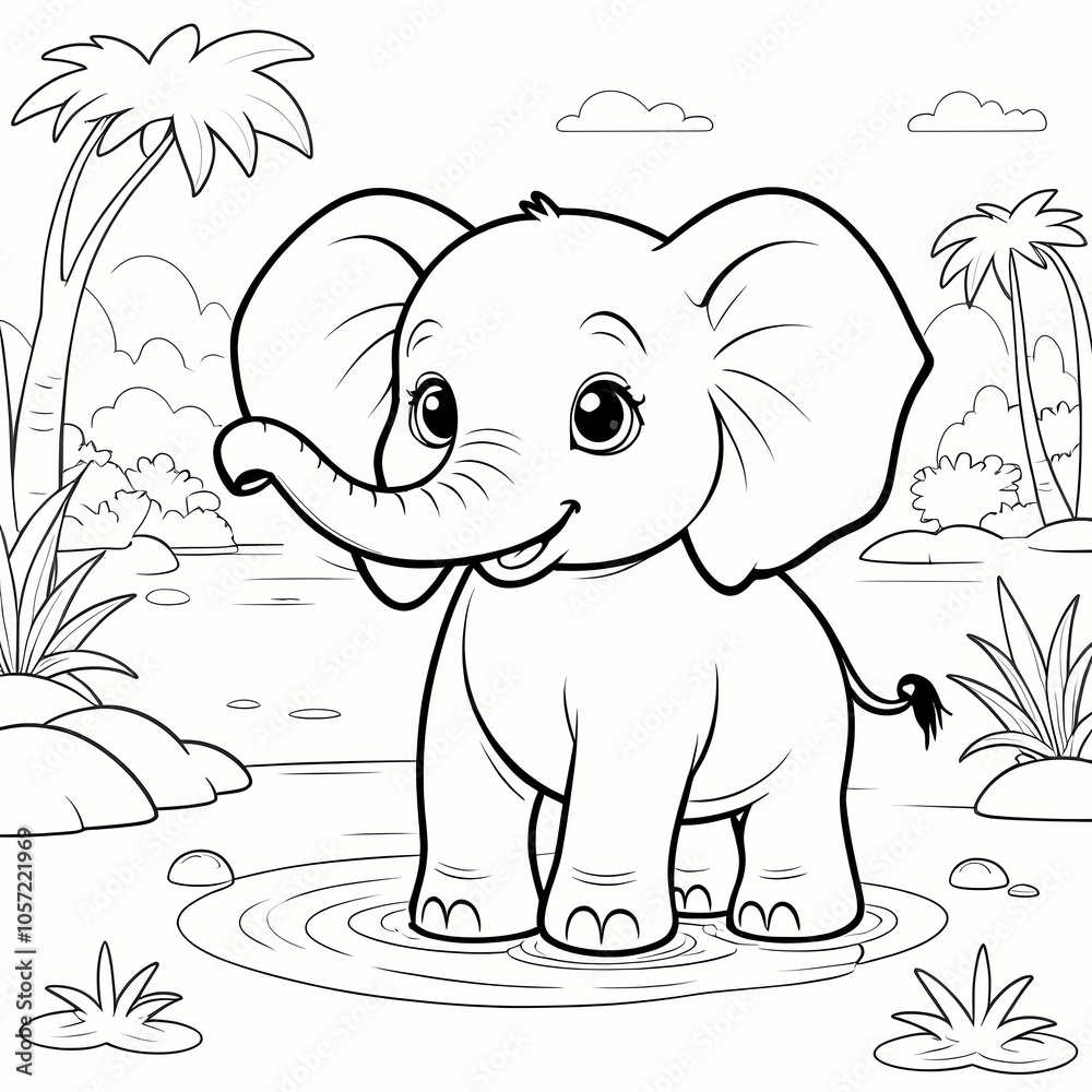 Cute Elephant Bathes in the River - African Savanna Coloring Book Page
