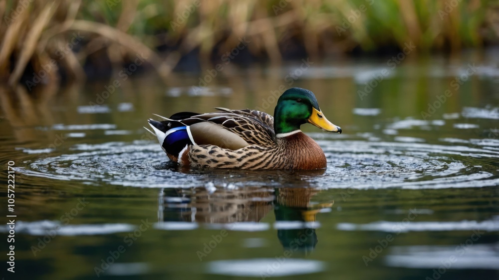 A mallard duck swimming calmly in a serene pond surrounded by lush greenery. A mallard duck swimming calmly in a serene pond surrounded by lush greenery.