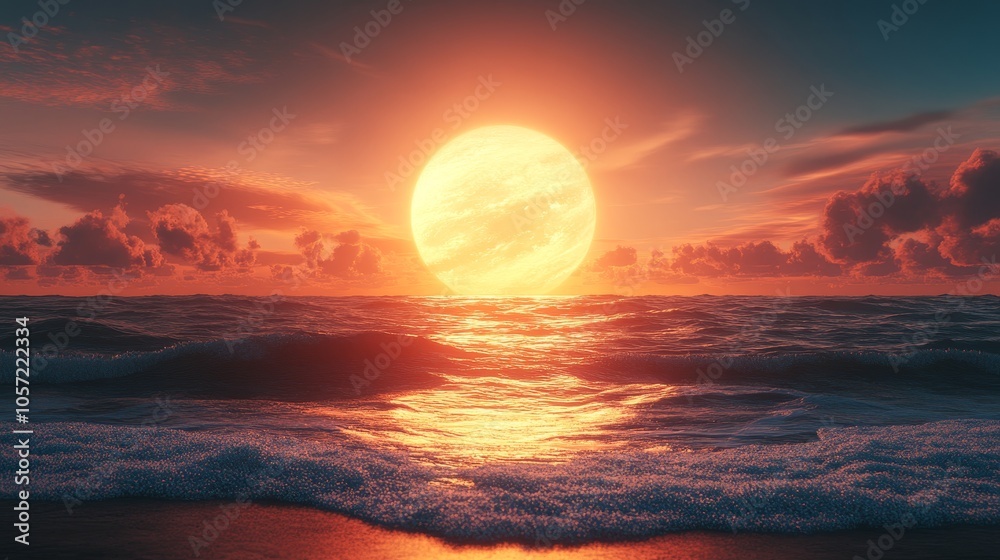 A large sun is setting over the ocean, casting a warm glow on the water A large sun is setting over the ocean, casting a warm glow on the water