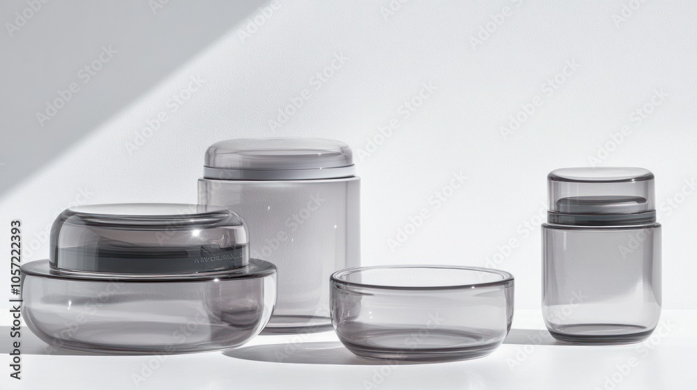Clear cosmetic containers made from recycled plastic, elegant and modern Clear cosmetic containers made from recycled plastic, elegant and modern