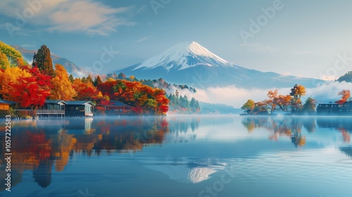 : A breathtaking panorama of Lake Kawaguchiko in autumn, showcasing vibrant foliage, a fog-covered Mount Fuji, and the tranquil surface of the lake