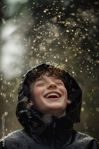 Young teenager in rain gear having fun in the rain