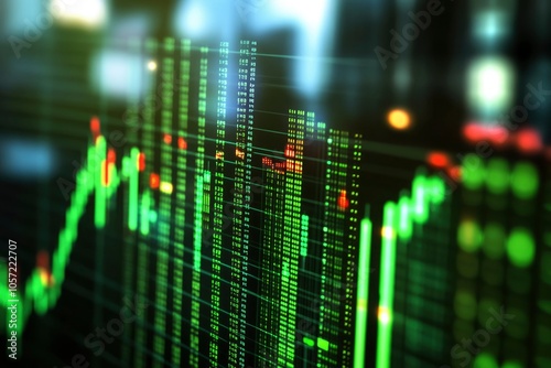 A close-up of a stock market data screen with green and red lights, displaying numbers and graphs, highlighting the fluctuation and movement of prices.