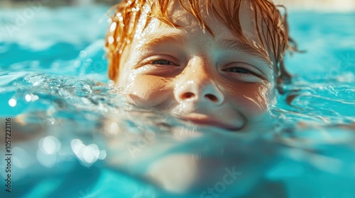 A child playfully floats with their face near the water surface, smiling with eyes closed, immersed in aquatic bliss and capturing the essence of carefree youth. photo