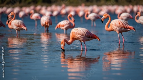 A serene scene of flamingos wading in shallow water, showcasing their vibrant colors.