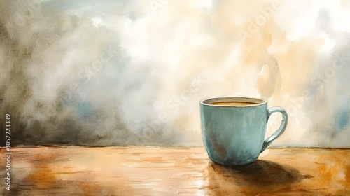 Watercolor Artistic using soft, brushy watercolor strokes, Soft Color, Single object picture - a pastel-colored mug filled with warm tea on a wooden table