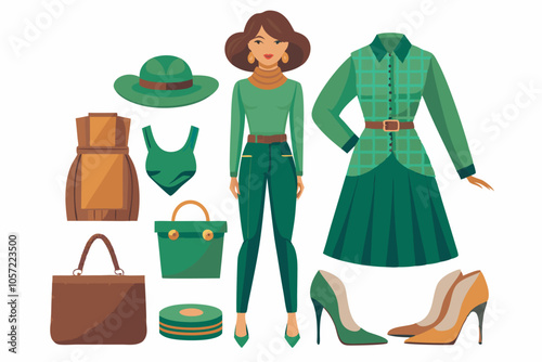 A stylish woman in green attire surrounded by a collection of green women's clothing and accessories, hinting at various fashionable outfit options.