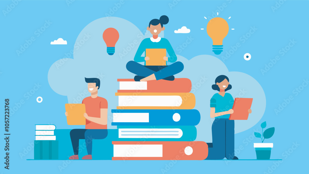 Three people surrounded by books, with light bulbs symbolizing ideas. Vibrant, positive atmosphere promotes learning and growth in a flat vector illustration. Three people surrounded by books, with light bulbs symbolizing ideas. Vibrant, positive atmosphere promotes learning and growth in a flat vector illustration.
