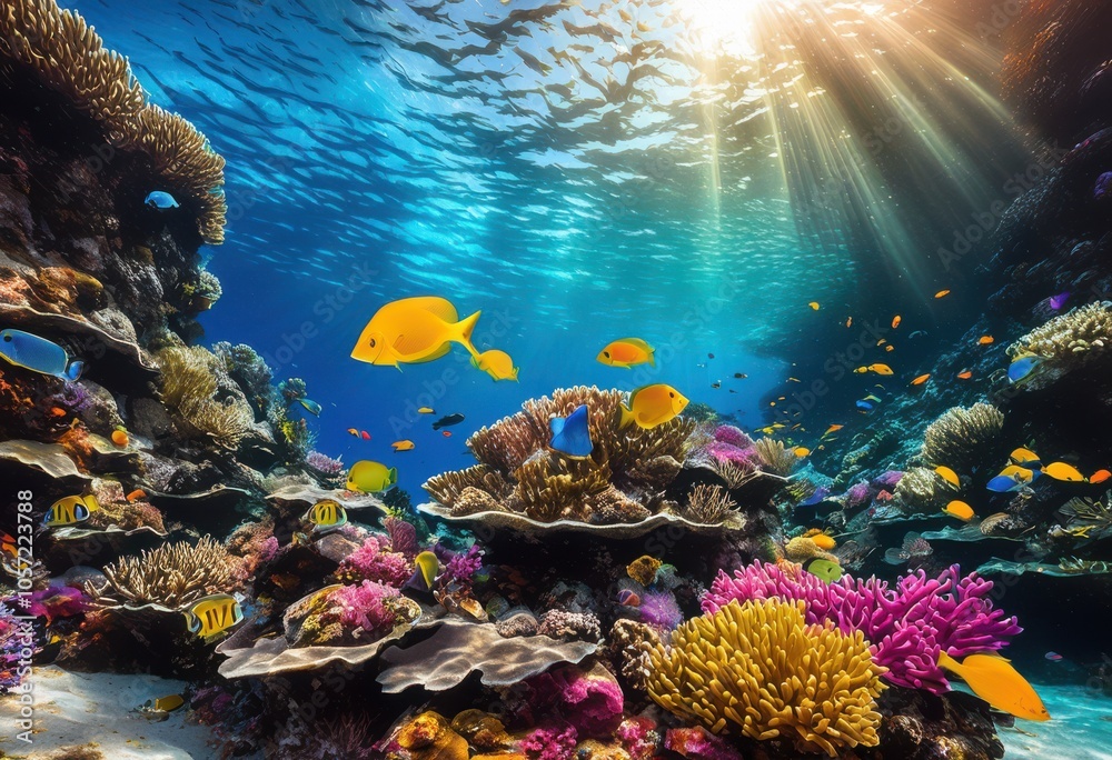 Obraz premium vibrant marine life showcased stunning sea scenery featuring colorful underwater ecosystem elements, ocean, aquatic, biodiversity, coral, reefs, fish, flora