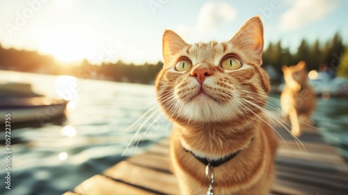 A captivating close-up of a curious ginger cat with a collar looking inquisitively at the shimmering lake scene in the golden sunset light. photo