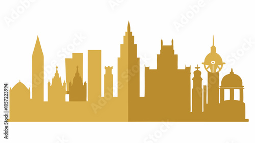 A modern and cosmopolitan city skyline in gold on white background; diverse