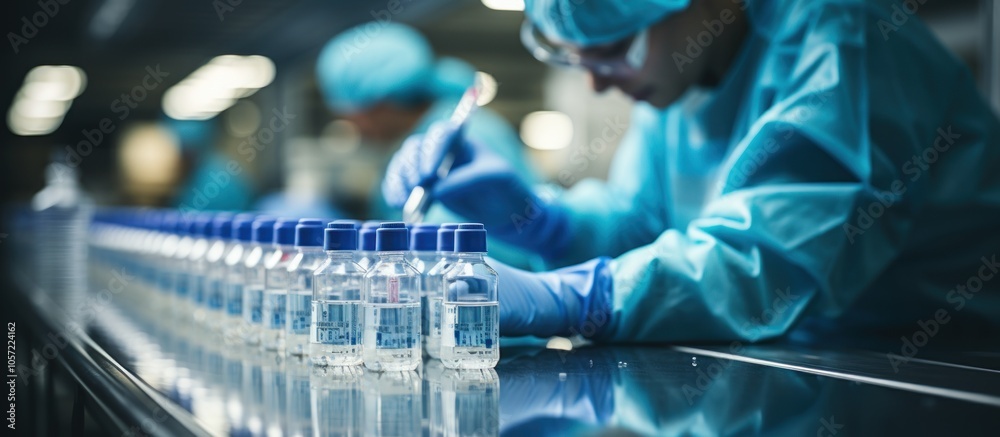 Laboratory setting with a worker preparing vials in a sterile environment. Laboratory setting with a worker preparing vials in a sterile environment.