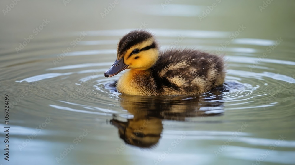 A duckling swims gently in calm water, creating ripples around it. A duckling swims gently in calm water, creating ripples around it.