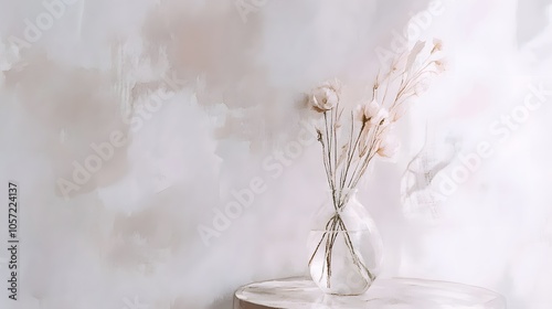 Watercolor Artistic using soft, brushy watercolor strokes, Soft Color, Single object picture - a glass vase filled with light pink flowers resting on a side table