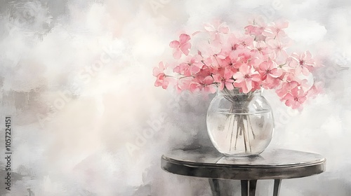 Watercolor Artistic using soft, brushy watercolor strokes, Soft Color, Single object picture - a glass vase filled with light pink flowers resting on a side table