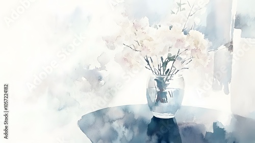 Watercolor Artistic using soft, brushy watercolor strokes, Soft Color, Single object picture - a glass vase filled with light pink flowers resting on a side table