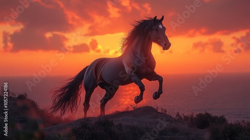 A majestic horse rears against a vibrant sunset backdrop.