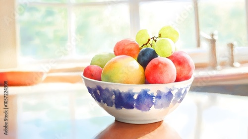 Watercolor Artistic using soft, brushy watercolor strokes, Soft Color, Single object picture - a small ceramic bowl filled with fresh pastel fruit on a kitchen counter