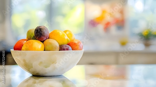 Watercolor Artistic using soft, brushy watercolor strokes, Soft Color, Single object picture - a small ceramic bowl filled with fresh pastel fruit on a kitchen counter