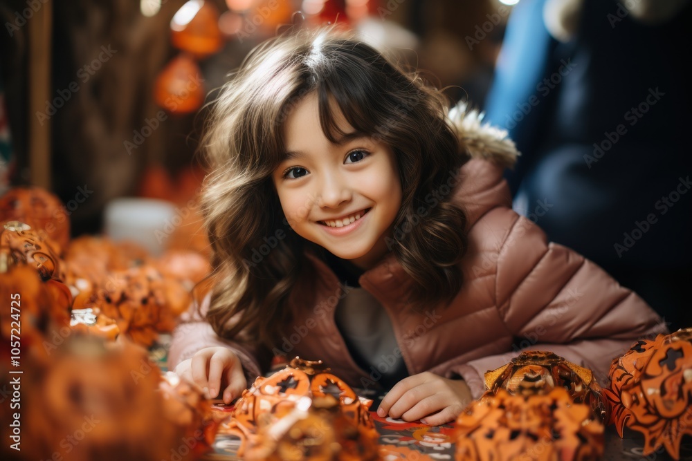 A smiling girl surrounded by decorative pumpkins at a festive setting. A smiling girl surrounded by decorative pumpkins at a festive setting.