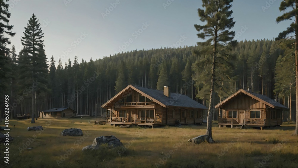 Corporate retreat in remote cabins amidst pine trees Corporate retreat in remote cabins amidst pine trees