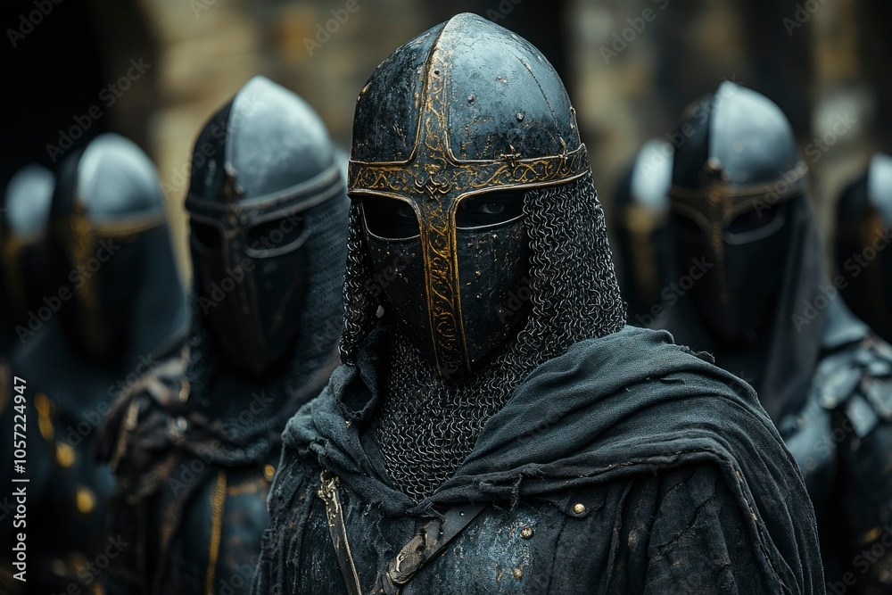 A medieval knight in full armor and chainmail, obscured by a dark cloak. A medieval knight in full armor and chainmail, obscured by a dark cloak.
