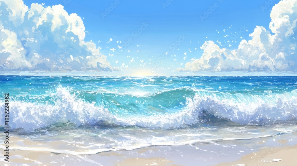 Crystal clear ocean with sparkling waves, a tropical beach scene under a radiant sun Crystal clear ocean with sparkling waves, a tropical beach scene under a radiant sun