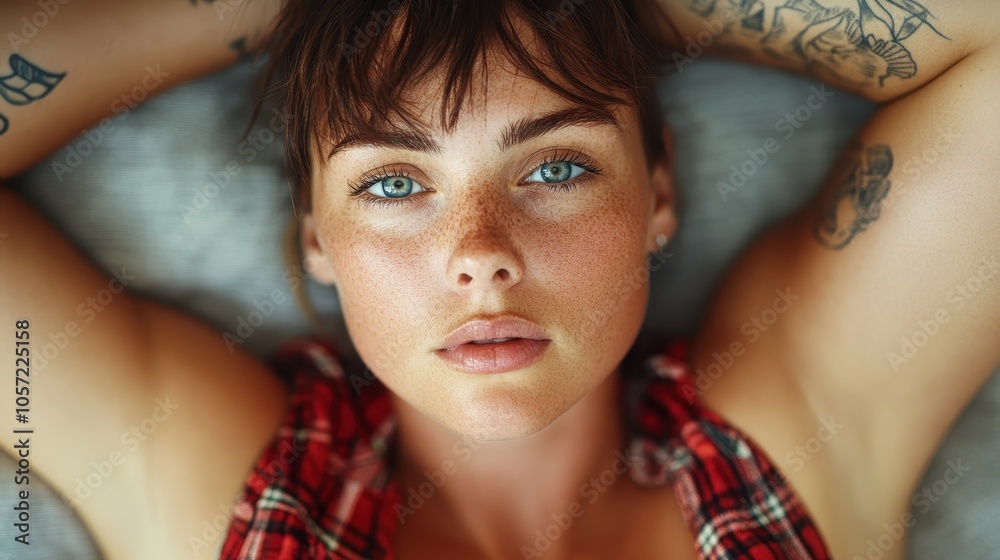 A tattooed woman with piercing blue eyes gazes upward while reclining confidently. Her expression and tattoos project a sense of strength and uniqueness. A tattooed woman with piercing blue eyes gazes upward while reclining confidently. Her expression and tattoos project a sense of strength and uniqueness.