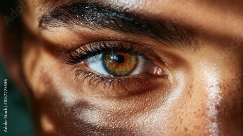 An up-close view of a captivating human eye showcasing a vibrant and colorful iris, highlighted by soft natural lighting, conveying beauty and mystery. photo