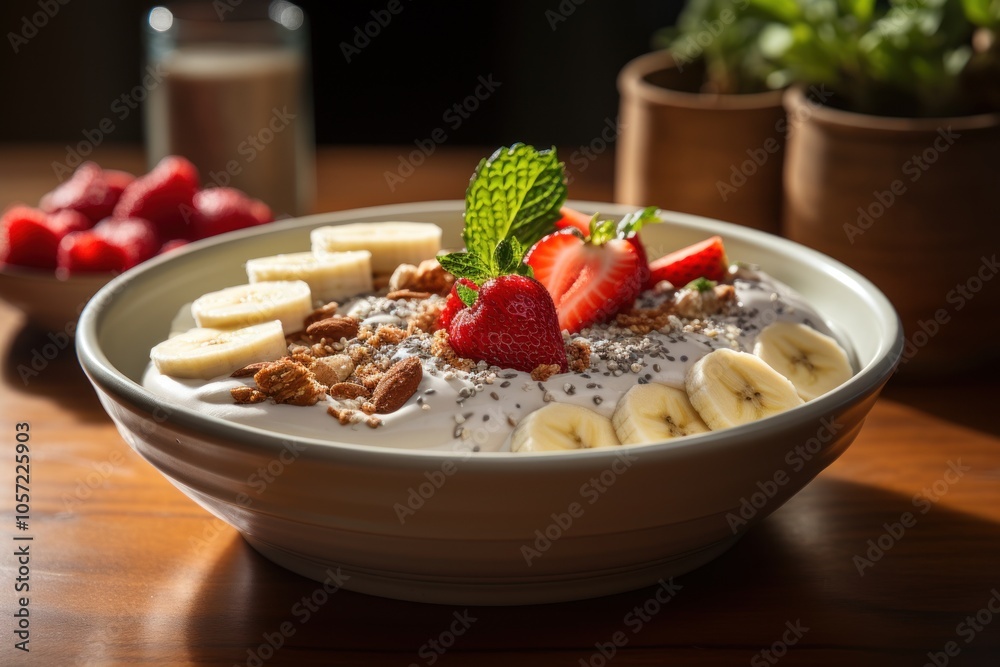 A healthy breakfast bowl with yogurt, fruits, and nuts, garnished with mint leaves. A healthy breakfast bowl with yogurt, fruits, and nuts, garnished with mint leaves.