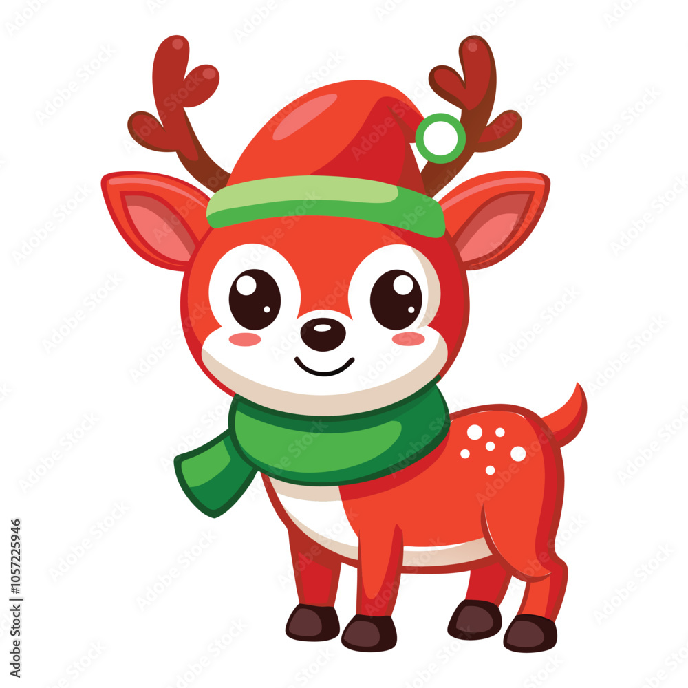 Obraz premium Christmas Cute Adorable Cartoon Reindeer In Festive Holiday Designs, Illustration of a Cute Christmas Reindeer in Festive Costume