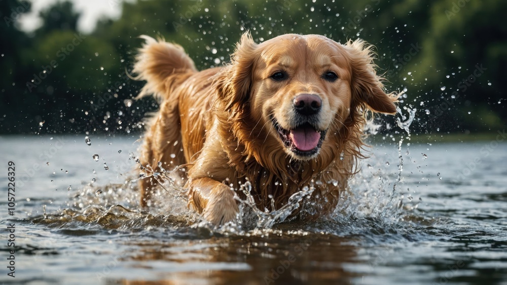 A golden retriever joyfully splashes through water in a natural setting. A golden retriever joyfully splashes through water in a natural setting.