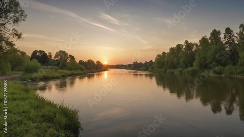 Sunset over a peaceful river with trees in the background