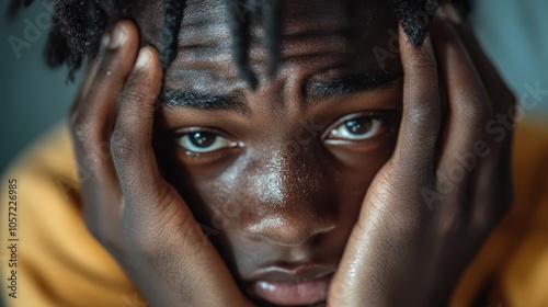 A close-up shot of a boy with a worried expression, resting his hands on his cheeks, conveying emotions of stress and contemplation in a dramatic moment. photo