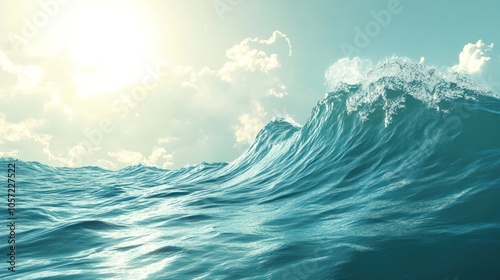 Dynamic ocean with wild waves under bright sunlight, creating reflections on the blue-green water