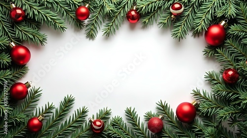 Christmas Tree Decoration Frame with Fir Branches and Balls for Holiday Celebration