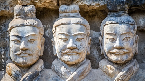 Three ancient stone sculptures with serene expressions, likely depicting historical figures or deities.