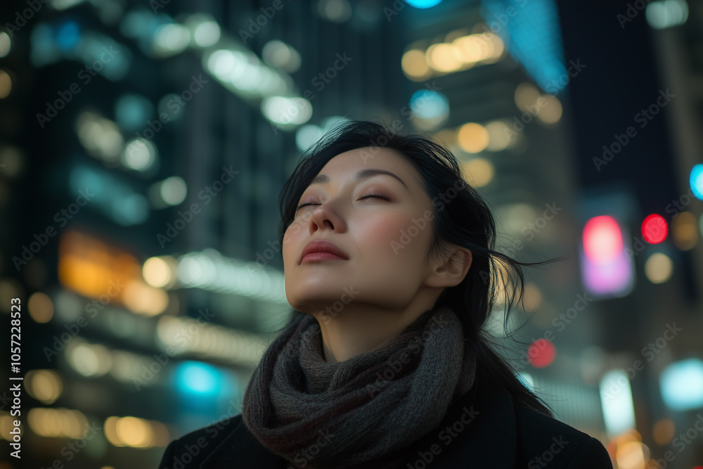 Asian woman standing in front of skyscrapers at night Asian woman standing in front of skyscrapers at night