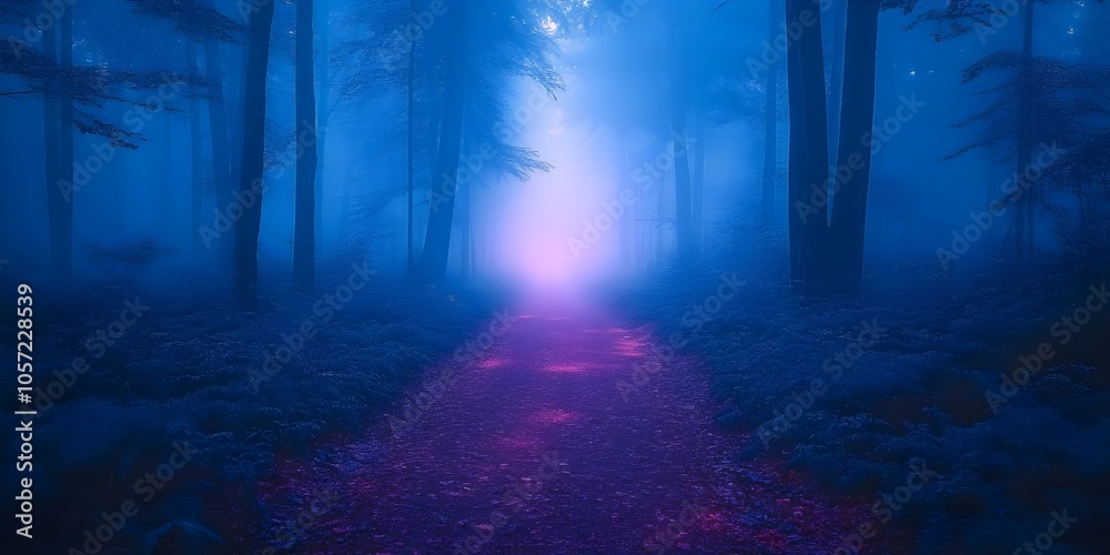 Obraz premium dreamed forest path at dawn A mystical forest path bathed in soft morning light, with wisps of mist floating between the trees.