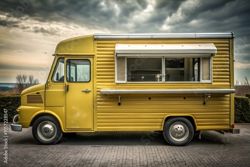 Vintage Yellow Food Truck Isolated on White Background with Realistic Shadows for Culinary and Food Photography