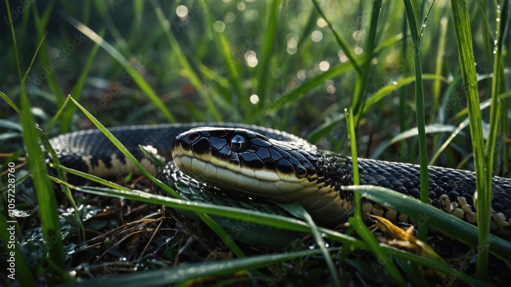 A close-up of a snake resting in green grass, showcasing its scales and natural habitat. A close-up of a snake resting in green grass, showcasing its scales and natural habitat.