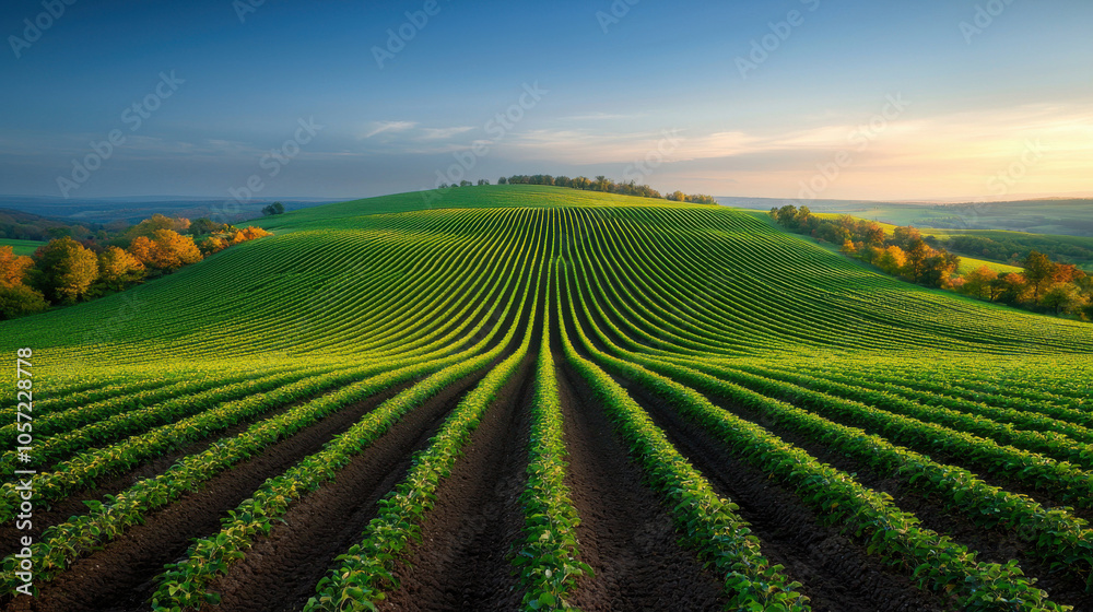 A lush green landscape features neatly organized rows of crops under a clear sky, showcasing the beauty of agriculture and natural serenity. A lush green landscape features neatly organized rows of crops under a clear sky, showcasing the beauty of agriculture and natural serenity.