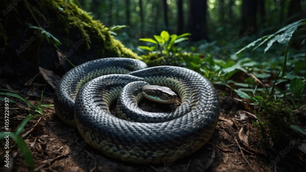 A coiled snake resting on the forest floor, surrounded by lush greenery and natural light. A coiled snake resting on the forest floor, surrounded by lush greenery and natural light.