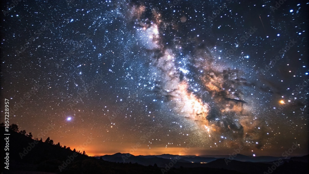Vivid Night Sky Silhouette with Radiant Stars and Constellation in Orange and Blue Hues Vivid Night Sky Silhouette with Radiant Stars and Constellation in Orange and Blue Hues