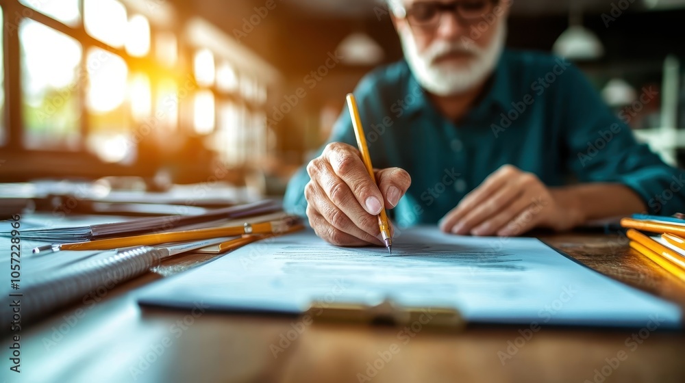 Senior man sits at a wooden desk, deeply immersed in writing on a clipboard, surrounded by pencils and papers in a softly illuminated modern study space. Senior man sits at a wooden desk, deeply immersed in writing on a clipboard, surrounded by pencils and papers in a softly illuminated modern study space.