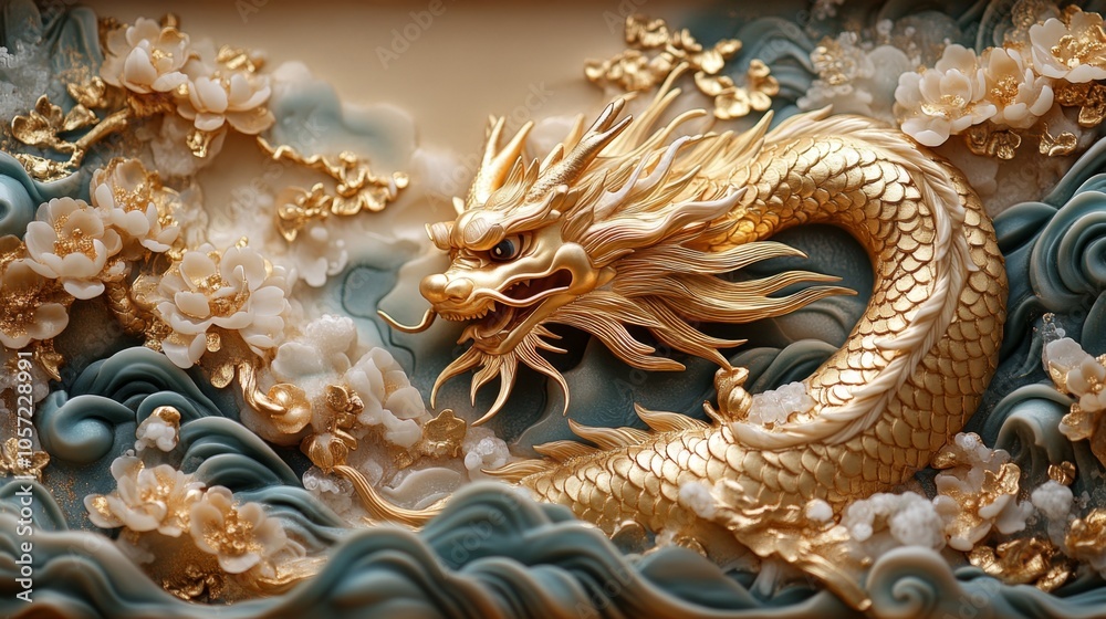 Majestic Golden Chinese Dragon in Auspicious Setting Majestic Golden Chinese Dragon in Auspicious Setting