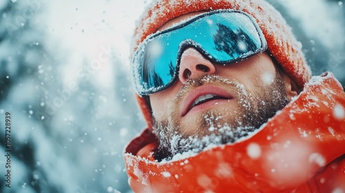 A skier sporting orange gear and mirrored goggles looks reflective while navigating through the falling snow, depicting a serene and adventurous winter experience. photo