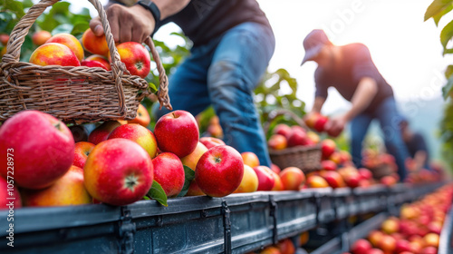 Workers harvest bright red apples in an orchard, filling baskets while surrounded by abundant fruit on crates, capturing the essence of autumn agriculture.