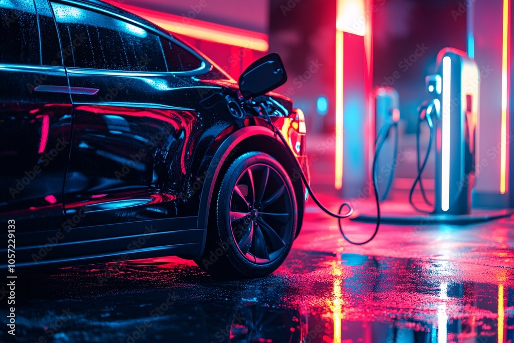 Electric Vehicle at Charging Station Under Neon Lights Electric Vehicle at Charging Station Under Neon Lights
